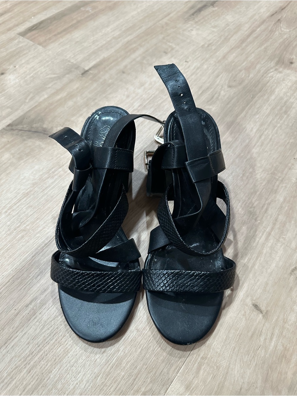 Isola Black Genuine Leather Strappy Slingback Heels